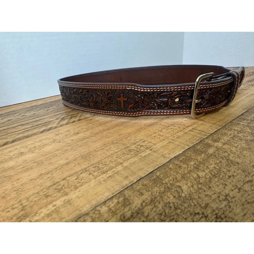 Mens size 28‎ Brown Genuine Leather Western Cross Embossed Belt Silver Buckle